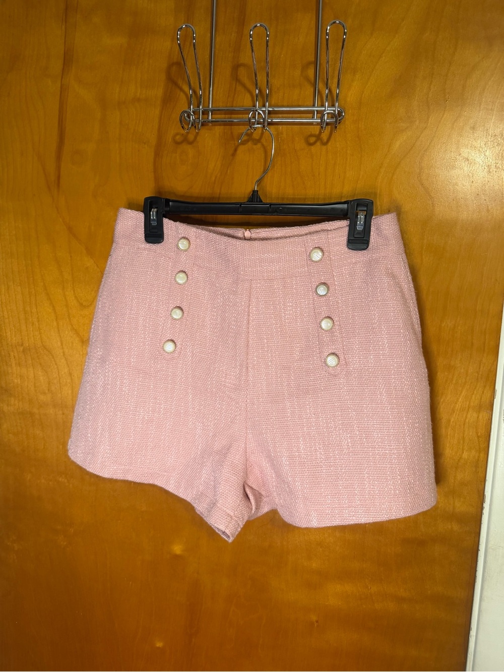SHEIN Pink High-Waist Pearl Button Shorts